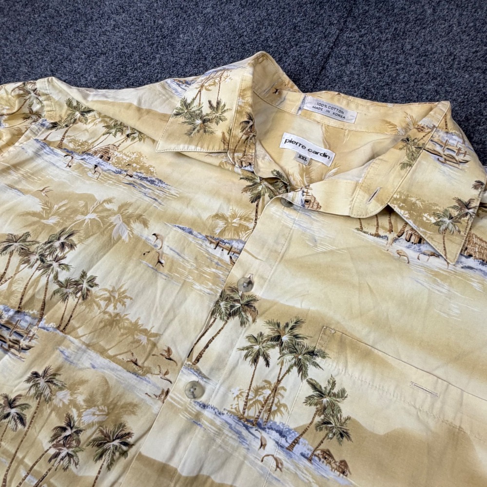 Pierre Cardin Mens XXL Yellow Tropical Palm Tree Island Cotton Camp Shirt SS - Picture 1 of 7